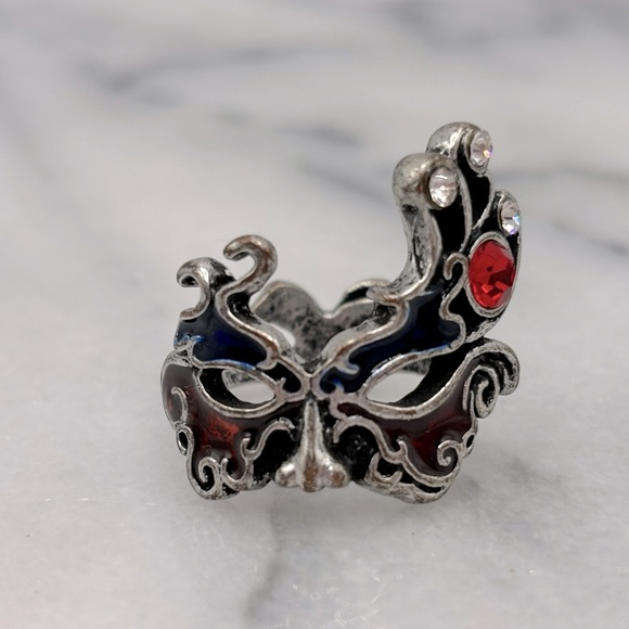 Venetian Costume Mask Red Crystal Finger Stretch Fashion Ring - Picture 1 of 4